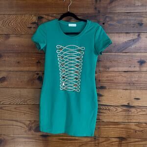 Green Bodycon Dress with With Gold Embroidery and Buttons - Medium/ Large